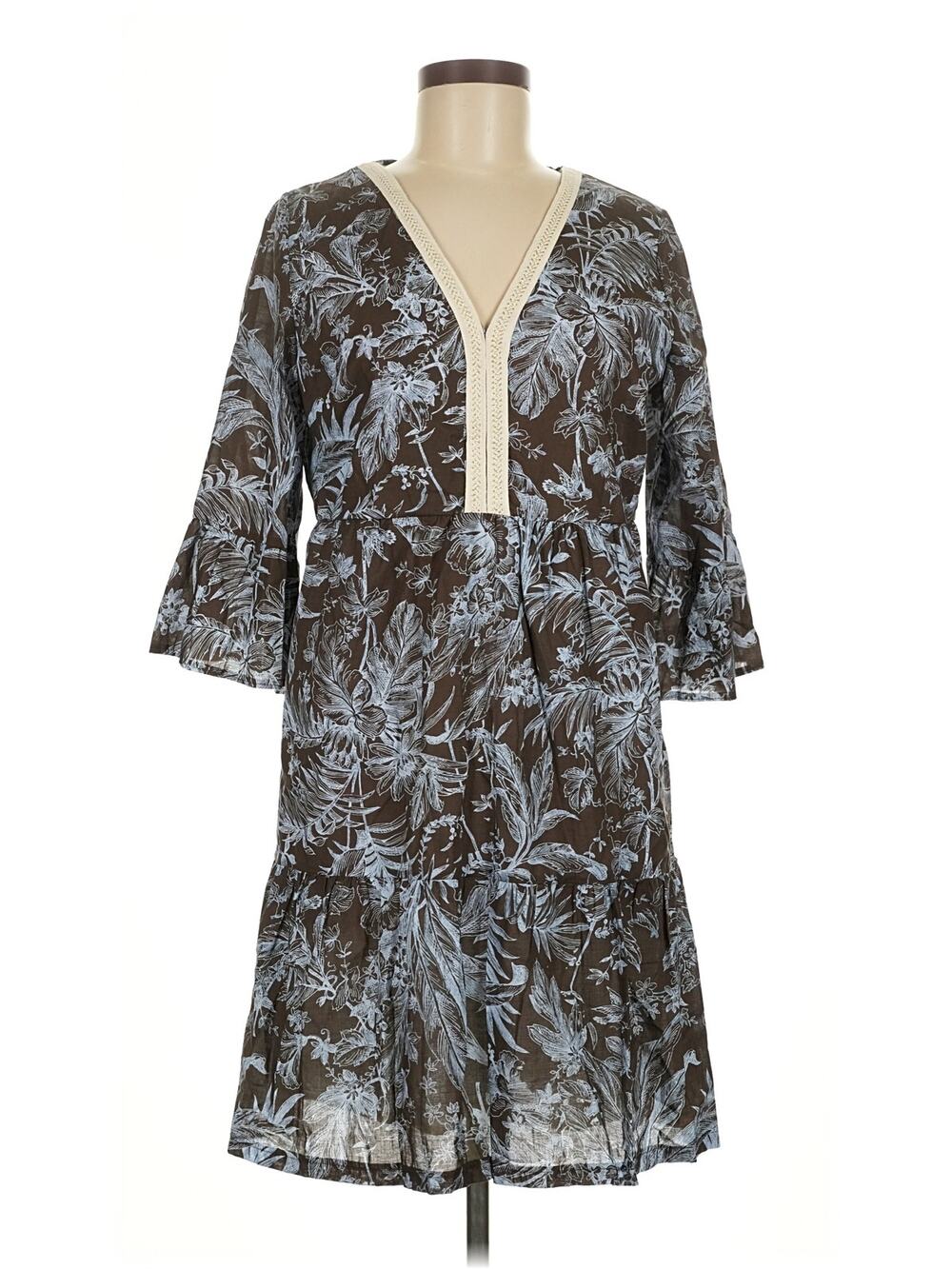 Saiph Lab Santorini Floral Dress Italy Tiered Babydoll Brown Blue Size M